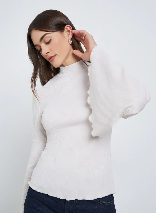 Styli Styli Off White Ribbed Knit Flared Sleeve Top