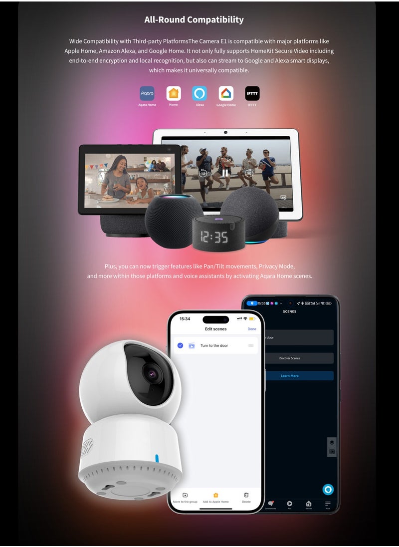 Aqara - Aqara 2K Indoor Security Camera E1,HomeKit Secure Video Indoor Camera,Two-Way Audio,Night Vision,Person Tracking,Wi-Fi 6,Supports HomeKit, Alexa and IFTTT-Global version White - Image 1