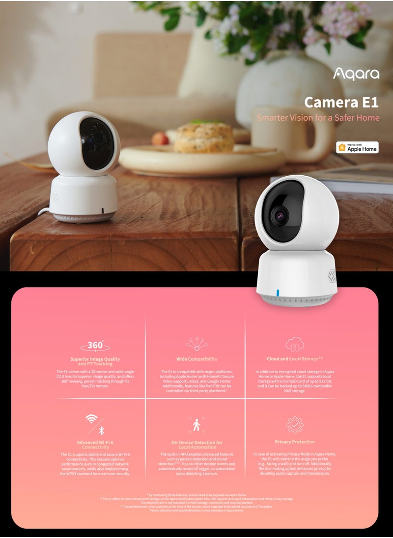 Aqara - Aqara 2K Indoor Security Camera E1,HomeKit Secure Video Indoor Camera,Two-Way Audio,Night Vision,Person Tracking,Wi-Fi 6,Supports HomeKit, Alexa and IFTTT-Global version White - Image 1