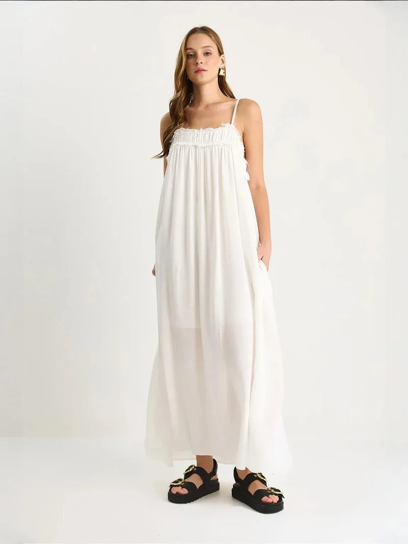 Bianco Lucci LUCCI Embroidered Square Collar Maxi Dress