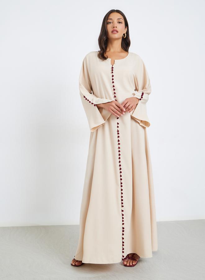 Styli Women Beige Abaya with Pom Pom Detail - Image 3