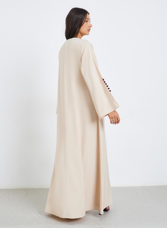Styli Women Beige Abaya with Pom Pom Detail - Image 5
