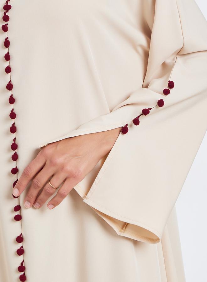 Styli Women Beige Abaya with Pom Pom Detail - Image 4