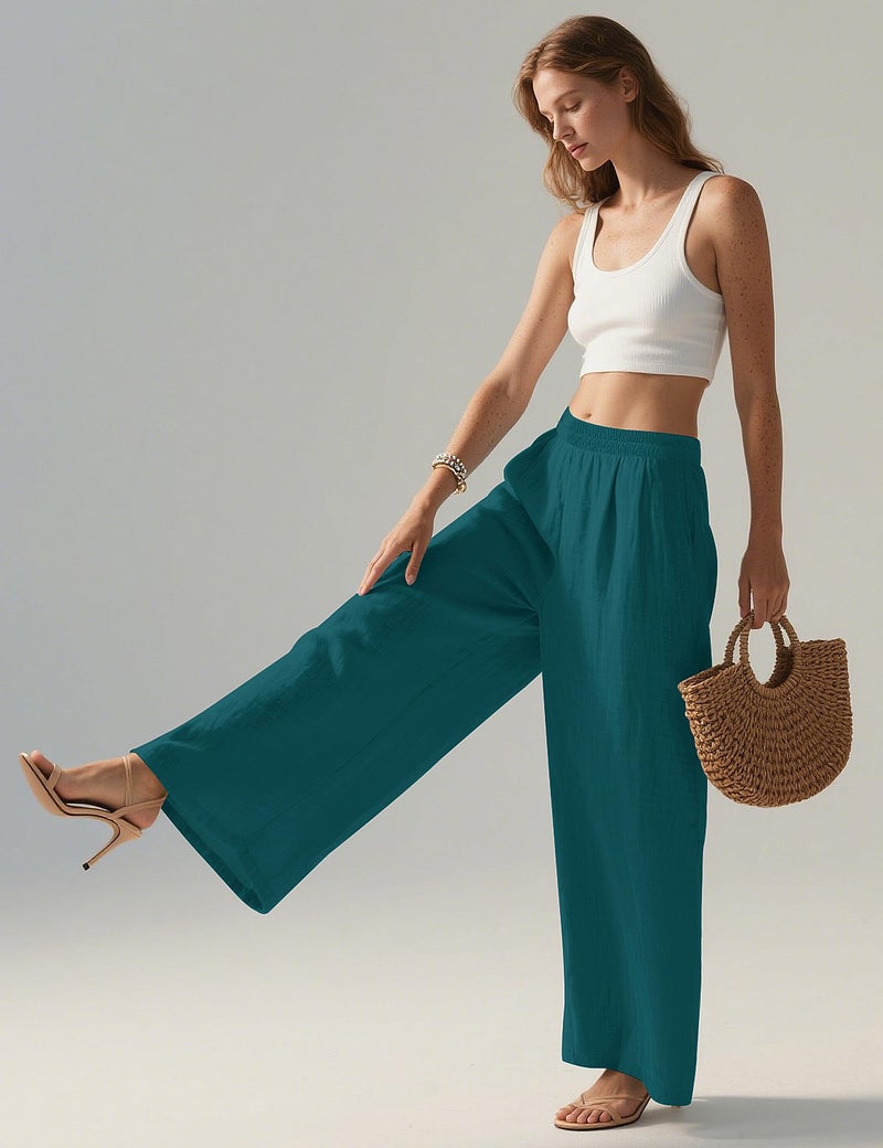 LOMON Linen Pants Women Wide Leg Palazzo Summer Flowy Pants Beach Vacation Clothes Loose Casual Travel Trousers with Pockets (Lake Green, M) - Image 5