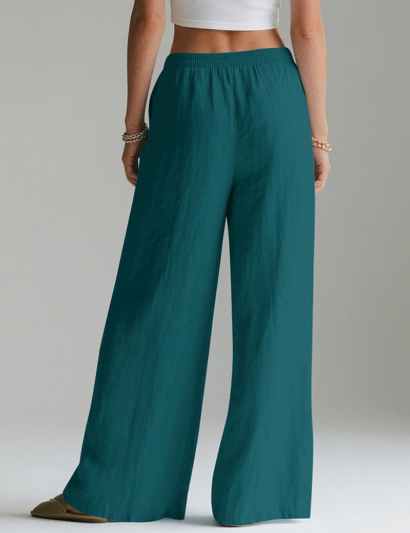 LOMON Linen Pants Women Wide Leg Palazzo Summer Flowy Pants Beach Vacation Clothes Loose Casual Travel Trousers with Pockets (Lake Green, M) - Image 4
