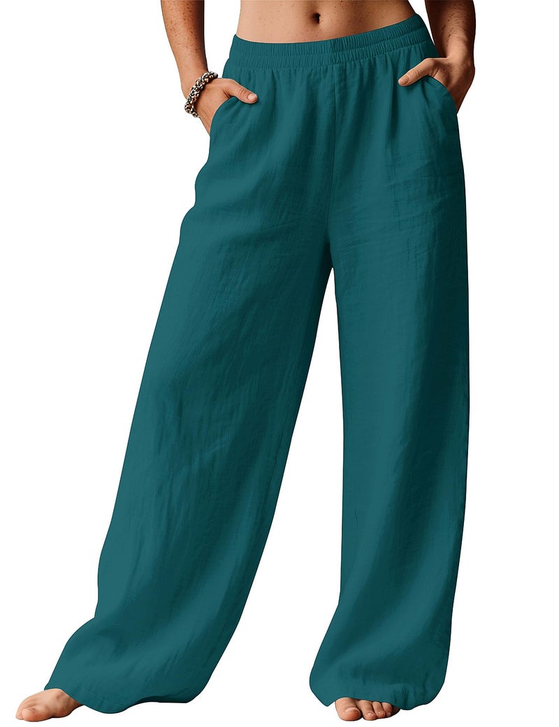 LOMON Linen Pants Women Wide Leg Palazzo Summer Flowy Pants Beach Vacation Clothes Loose Casual Travel Trousers with Pockets (Lake Green, M) - Image 2