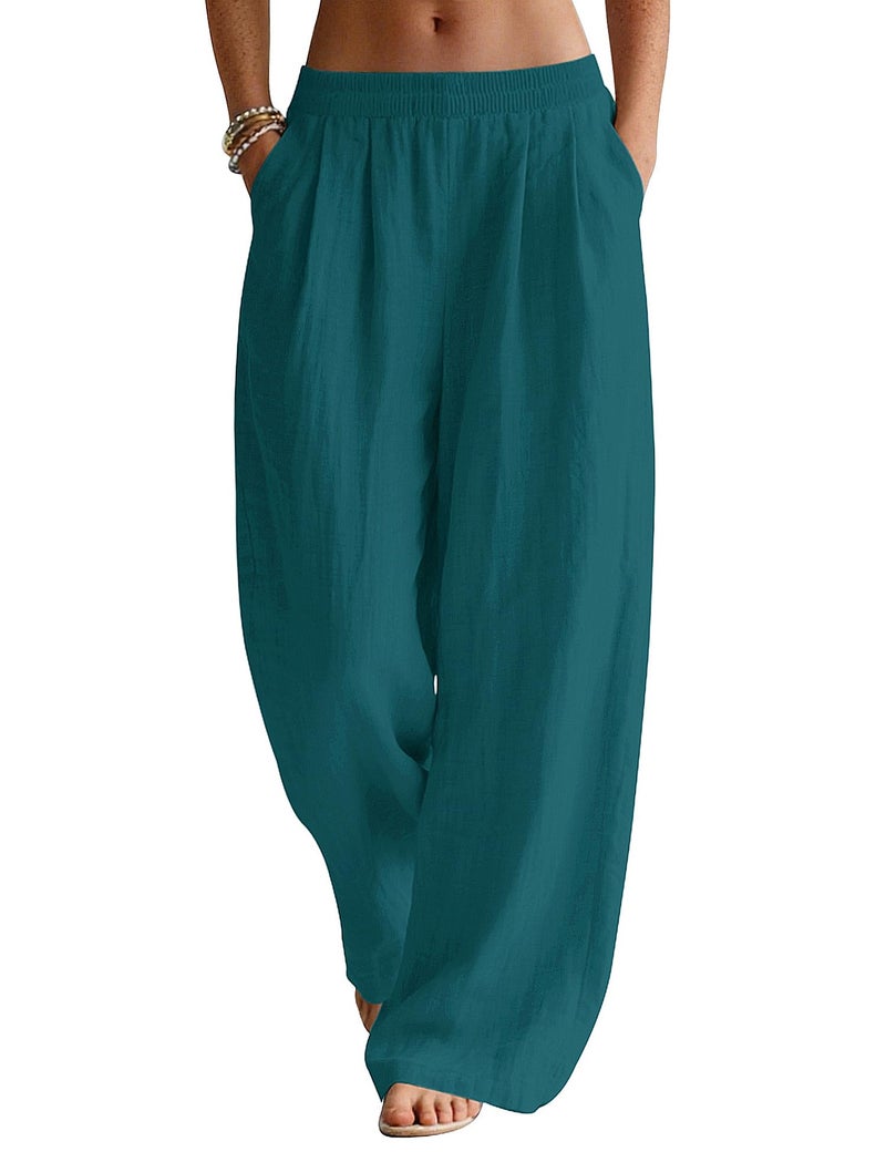 LOMON Linen Pants Women Wide Leg Palazzo Summer Flowy Pants Beach Vacation Clothes Loose Casual Travel Trousers with Pockets (Lake Green, M) - Image 1