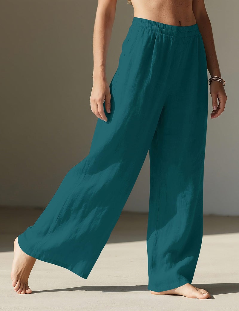 LOMON Linen Pants Women Wide Leg Palazzo Summer Flowy Pants Beach Vacation Clothes Loose Casual Travel Trousers with Pockets (Lake Green, M) - Image 3