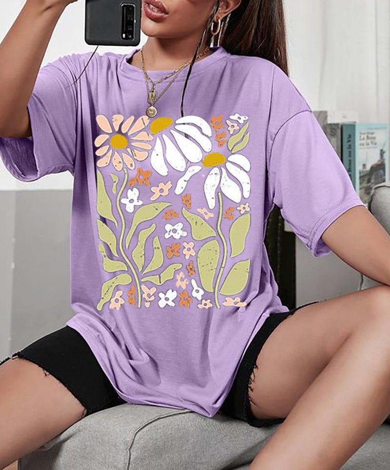 MHTOR Wildflowers Shirt for Women Oversized Vintage Floral T Shirts Inspirational Graphic Tees Summer Casual Loose Beach Tops(Small,Purple) - Image 3