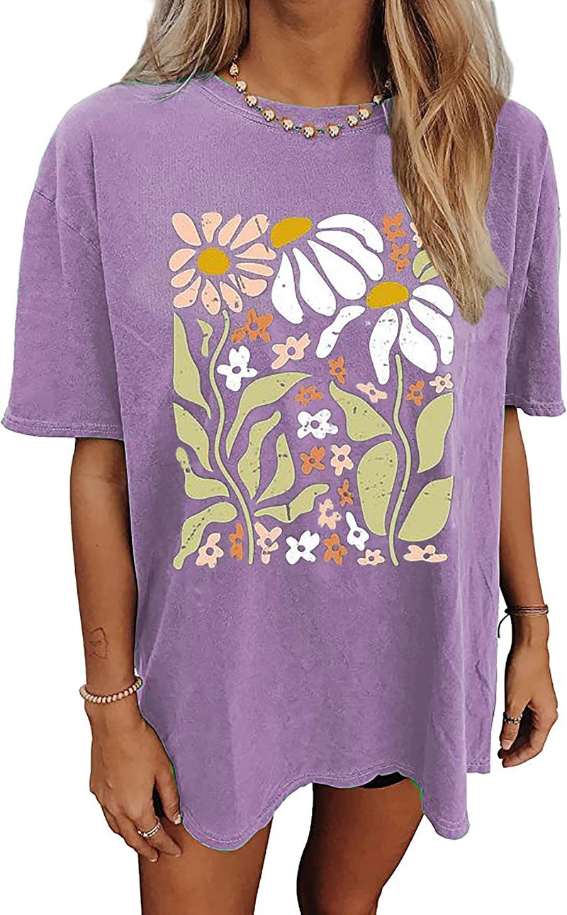 MHTOR Wildflowers Shirt for Women Oversized Vintage Floral T Shirts Inspirational Graphic Tees Summer Casual Loose Beach Tops(Small,Purple) - Image 1