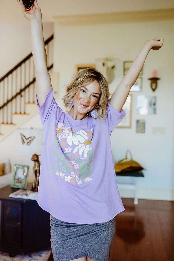 MHTOR Wildflowers Shirt for Women Oversized Vintage Floral T Shirts Inspirational Graphic Tees Summer Casual Loose Beach Tops(Small,Purple) - Image 4