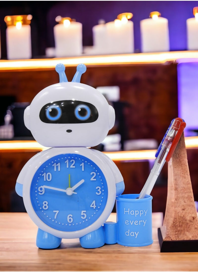 BABAZAM - Modern Analog Battery Powered Alarm Clock Robot in Style with Pen Holder Battery Powered for Home Office Students Kids Bedroom Blue - Image 1