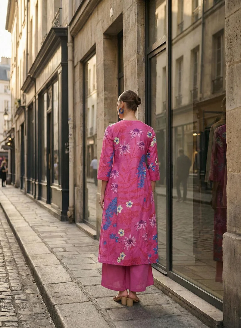 ISHIN  Pink 100% Cotton Printed Relaxed A-Line Tunic & Full Length Palazzo Kurta Set For Women for Women | Best Price UAE