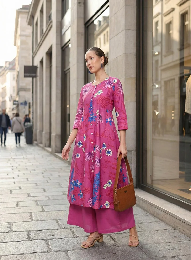 ISHIN Pink 100% Cotton Printed Relaxed A-Line Tunic & Full Length Palazzo Kurta Set For Women