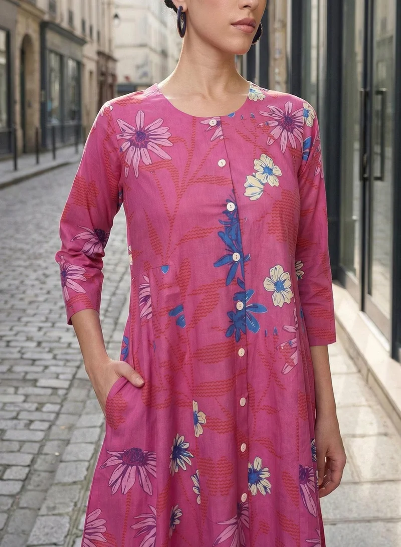ISHIN  Pink 100% Cotton Printed Relaxed A-Line Tunic & Full Length Palazzo Kurta Set For Women for Women | Best Price UAE