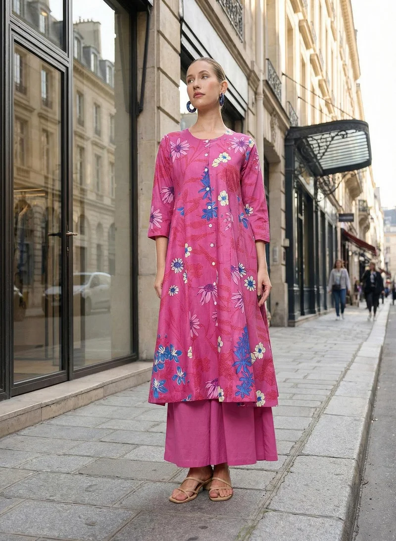 ISHIN Pink 100% Cotton Printed Relaxed A-Line Tunic & Full Length Palazzo Kurta Set For Women