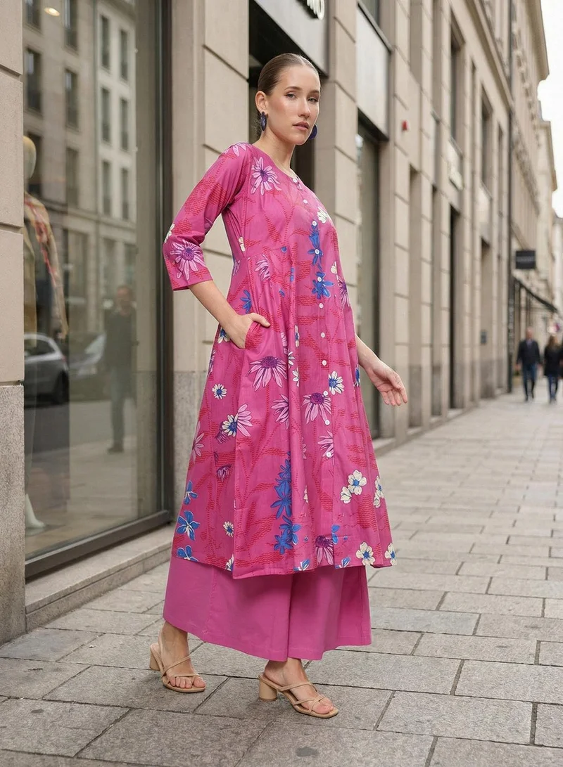 ISHIN  Pink 100% Cotton Printed Relaxed A-Line Tunic & Full Length Palazzo Kurta Set For Women for Women | Best Price UAE
