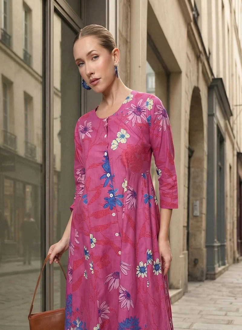 ISHIN  Pink 100% Cotton Printed Relaxed A-Line Tunic & Full Length Palazzo Kurta Set For Women for Women | Best Price UAE