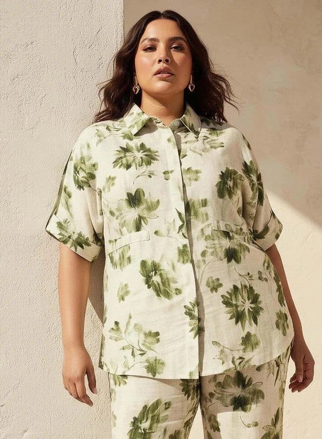 Ulla Popken Ulla Popken Relaxed Fit Tie Up Detail Shirt with Floral Print