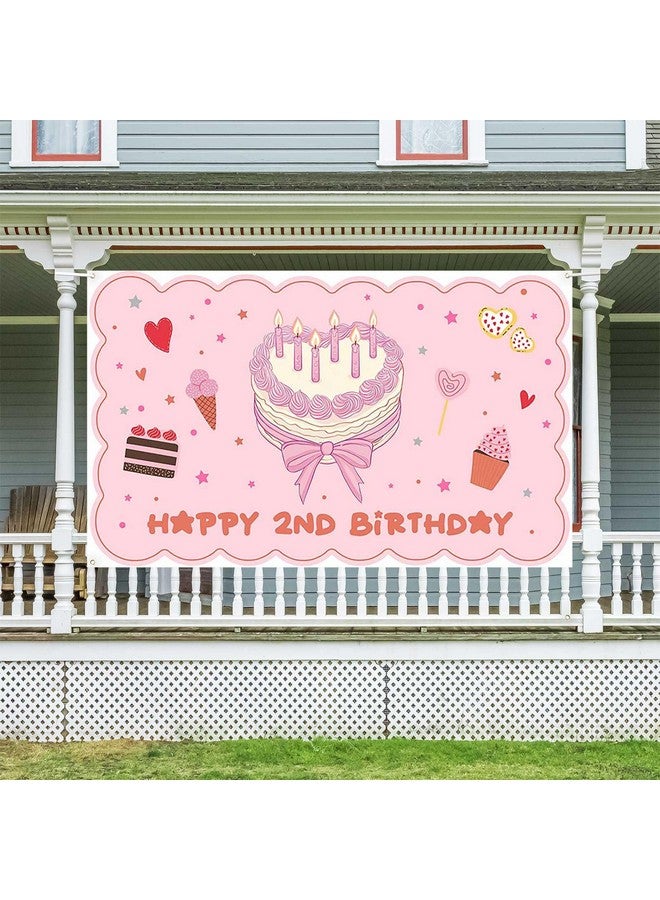 Ticuenicoa Happy 2nd Birthday Banner - 70.8 x 43.3 Inch, Pink Cake Backdrop for Girls,2nd Birthday Party Decorations, Baby Girl Birthday Banner, Colorful Celebration Banner - Image 2