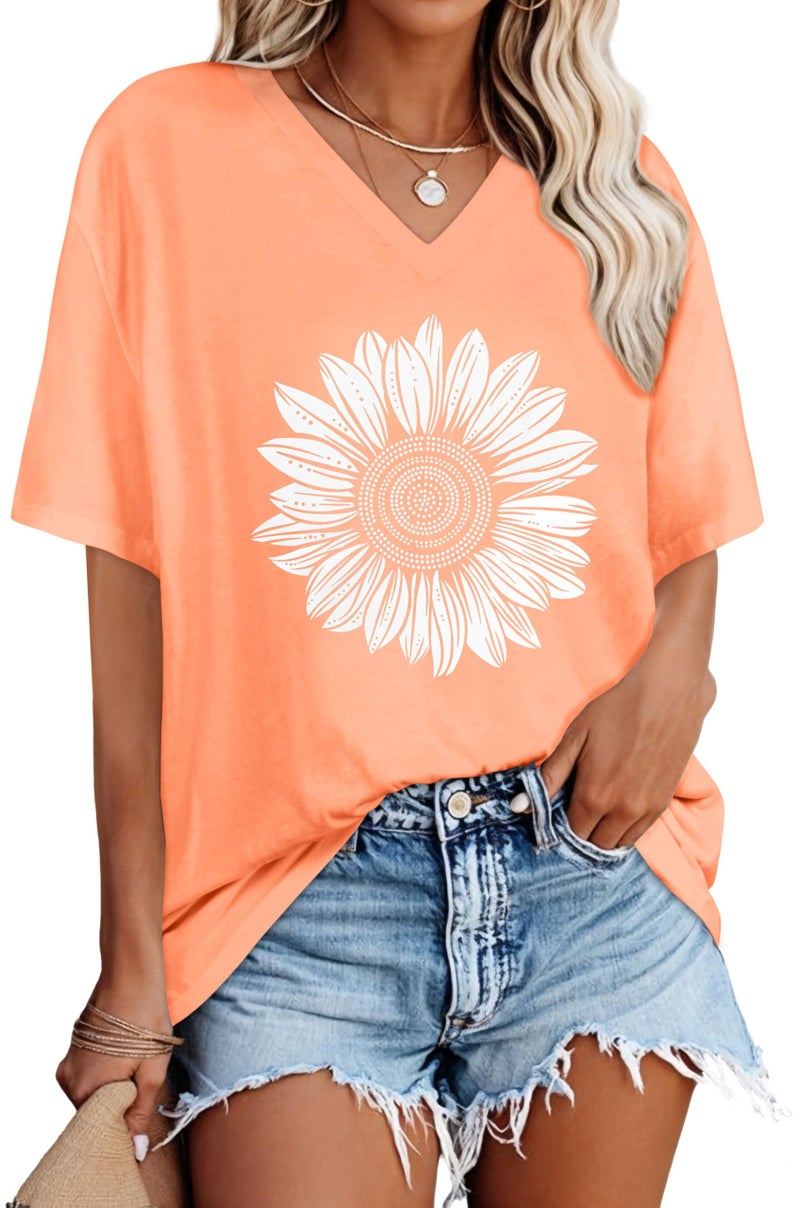 rosemia Oversized Tshirts for Women V Neck Short Sleeve Summer Casual Basic Loose Tops, Orange White Sunflower, M - Image 1