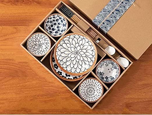 Agabani White and Blue Set of 14 Ceramic 4Bowl 2Plates 4Spoon and 4Chopsticks for Serving Snacks Dessert Pasta Soups and Salads Dishwasher Microwave Oven Safe for Dining - Image 1