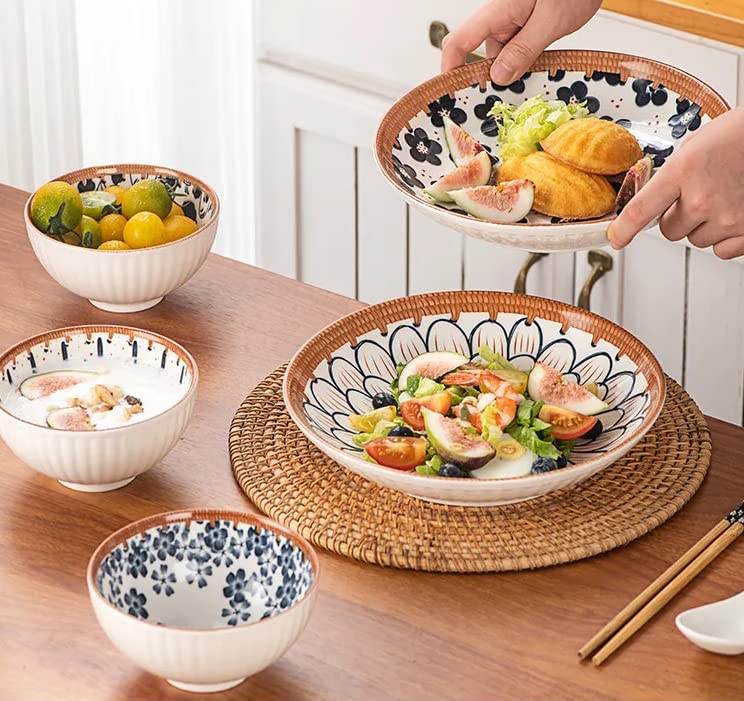 Agabani White and Blue Set of 14 Ceramic 4Bowl 2Plates 4Spoon and 4Chopsticks for Serving Snacks Dessert Pasta Soups and Salads Dishwasher Microwave Oven Safe for Dining - Image 5