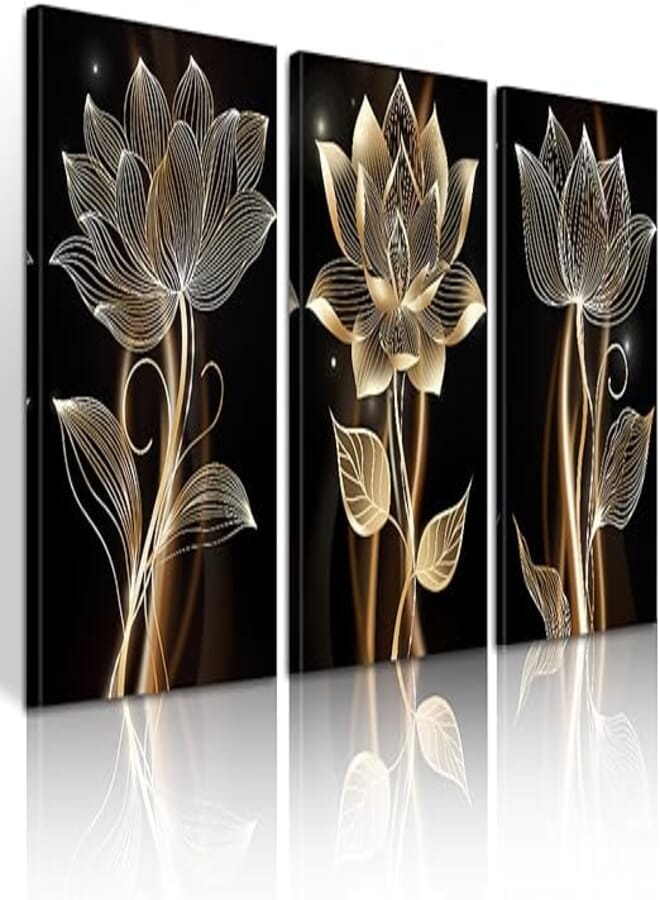 3Panels Abstract Gold Lines Flowers Framed Canvas Wall Art, Modern Black and Gold Floral Painting Pictures Luxury Wall Decor Posters Print Artwork for Living Room Bedroom Home Decor 12"x16"x3Pcs 