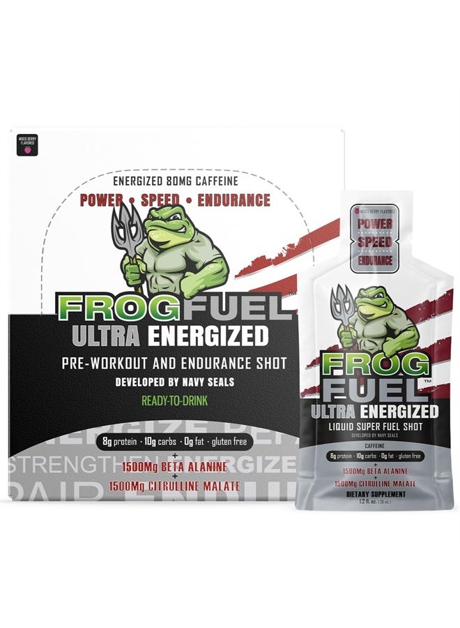 Frog Fuel Ultra Energized Pre Workout Shot & Energy Gel, 80mg Caffeine, 1500mg Beta Alanine, Electrolytes 8g Protein Nano-Hydrolyzed Grass Fed Collagen, 10g Carbs, Berry, 1.2 oz Packets, 24 Pack - Image 1
