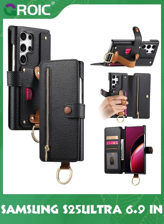 GROIC متوافق مع حافظة آيفون 14 برو ماكس، حافظة هاتف بمحفظة، غطاء مزود بفتحة للبطاقة، غطاء حامل بطاقة معصم من جلد البولي يوريثان، غطاء هاتف بحامل قابل للتعديل لهاتف آيفون 14 برو ماكس 6.7 بوصة - بني - Image 1