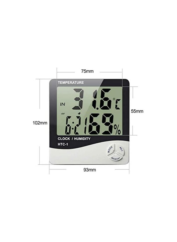جهاز قياس الحرارة والرطوبة HTC-1 بشاشة LCD رقمية مع ساعة ومنبه داخلي وخارجي - Image 3
