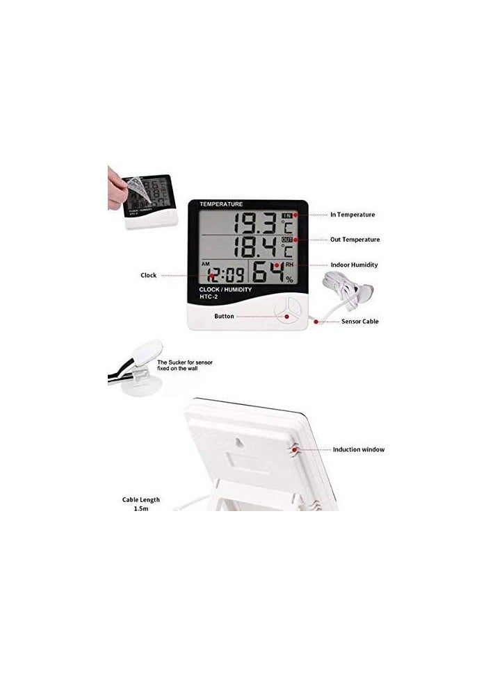 جهاز قياس الحرارة والرطوبة HTC-1 بشاشة LCD رقمية مع ساعة ومنبه داخلي وخارجي - Image 1