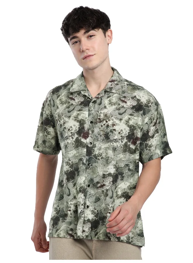 Beyoung Light Green Marble Printed Cuban Shirt