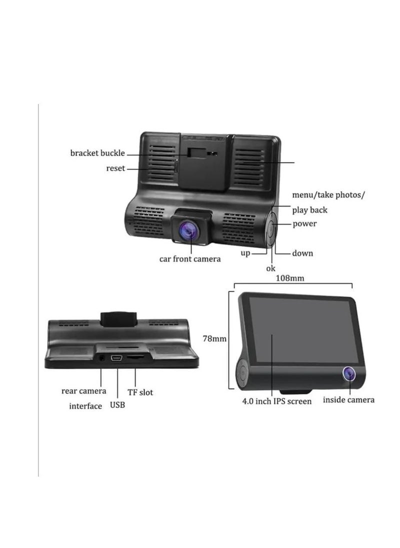 Ntech NTECH 3-Channel Dash Cam 4" Inches TFT/LCD/Car/DVR, Front Inside Rear Three Way Night Vision HD 1080P Car Camera, 140° Wide Angle With G-Sensor Motion Detection Parking Monitor - Color (Black)  - Image 3