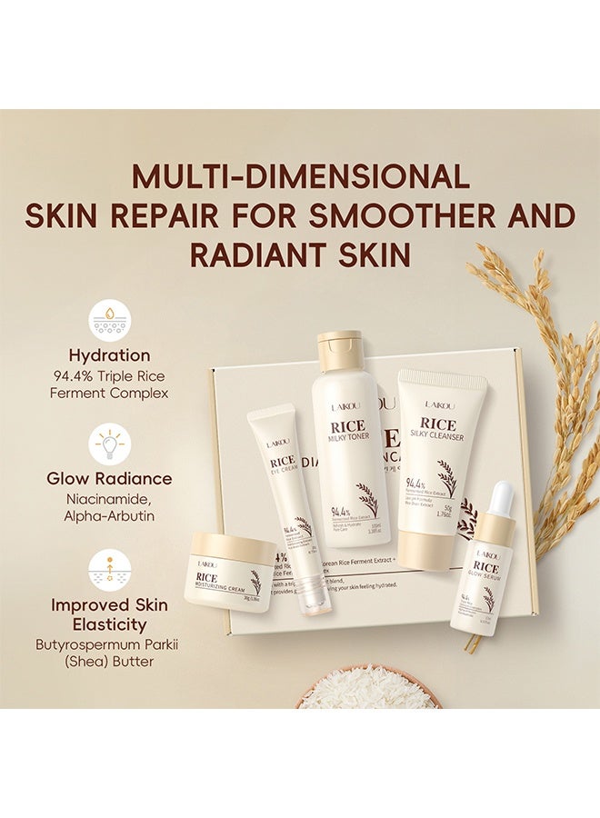 Laikou Korean Rice Skincare Set, 5PCS Hydrating Rice Face Care Kit Gift Set with Cleanser, Toner, Serum, Cream & Eye Cream, Brightening Rice Extract Skin Care Set Glass Skin Facial Kit - Image 5