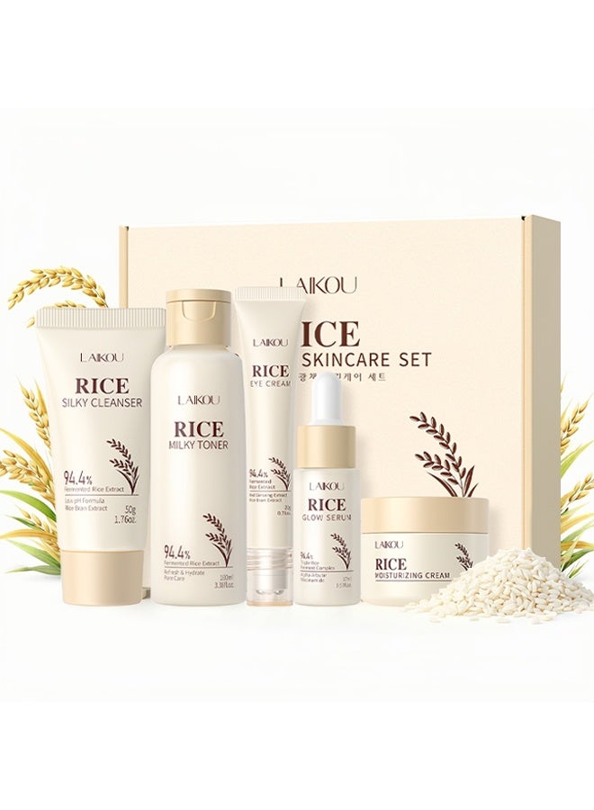 Laikou Korean Rice Skincare Set, 5PCS Hydrating Rice Face Care Kit Gift Set with Cleanser, Toner, Serum, Cream & Eye Cream, Brightening Rice Extract Skin Care Set Glass Skin Facial Kit - Image 1
