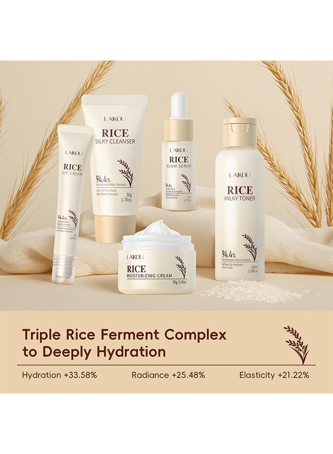 Laikou Korean Rice Skincare Set, 5PCS Hydrating Rice Face Care Kit Gift Set with Cleanser, Toner, Serum, Cream & Eye Cream, Brightening Rice Extract Skin Care Set Glass Skin Facial Kit - Image 2