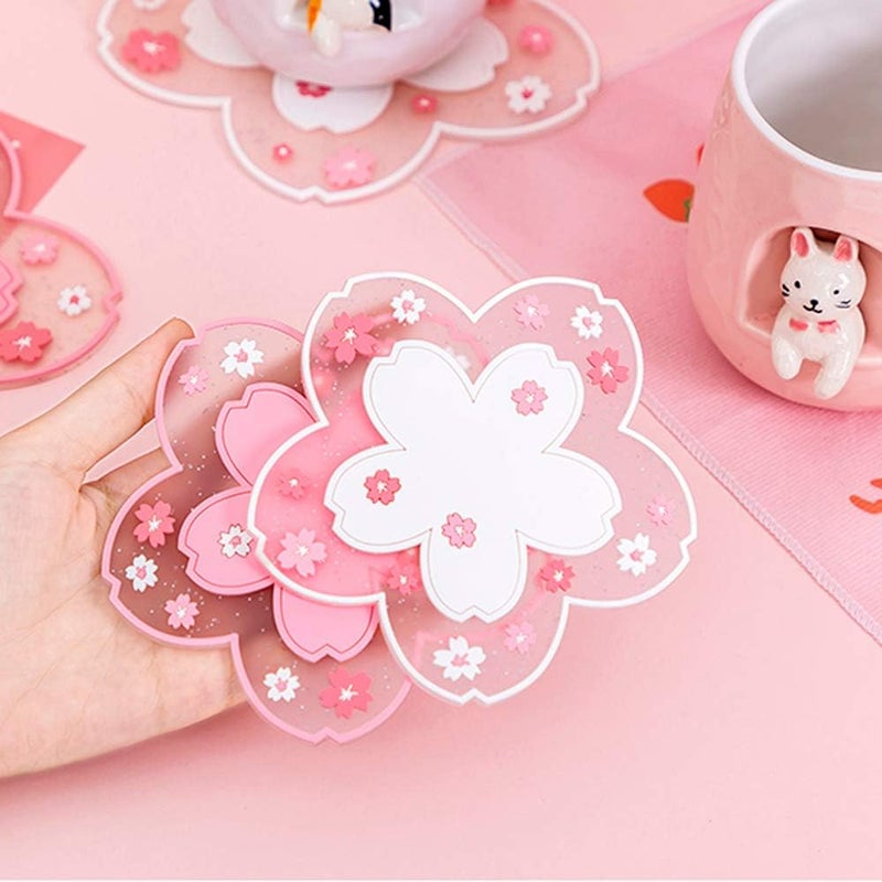 Binoster Sakura Coasters Set of 6 Kawaii Cup Mat Anti-Skid Pot Bowl Pad Placemats PVC Cherry Blossom Coaster for Drinks Coffee Table Cute Room Home Kitchen Decor Kawaii Desk Accessories(4.3in) - Image 3
