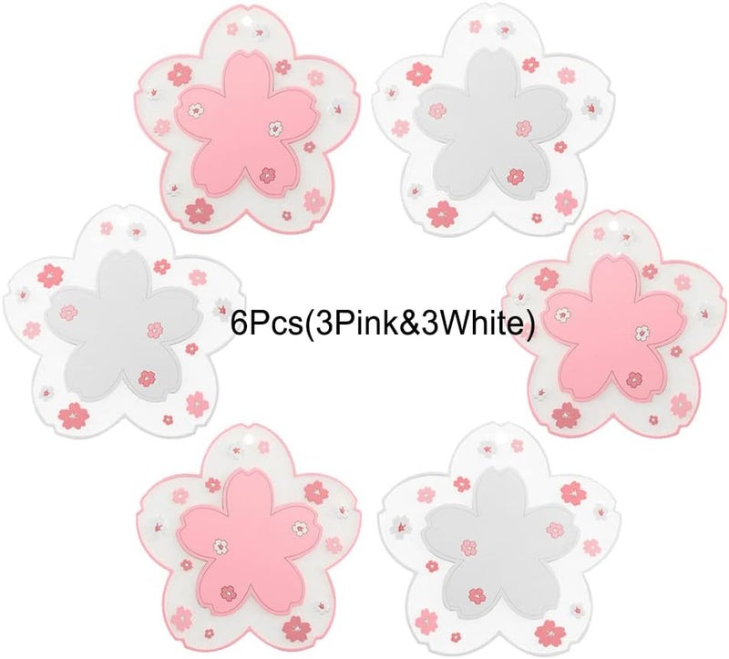 Binoster Sakura Coasters Set of 6 Kawaii Cup Mat Anti-Skid Pot Bowl Pad Placemats PVC Cherry Blossom Coaster for Drinks Coffee Table Cute Room Home Kitchen Decor Kawaii Desk Accessories(4.3in) - Image 2