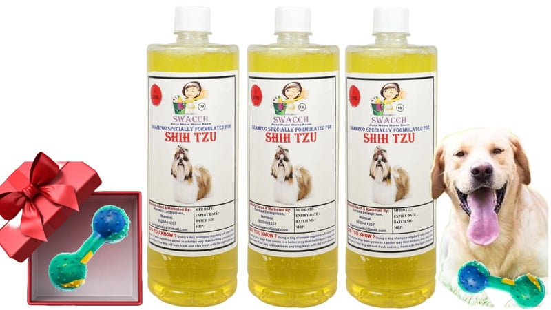 swacch Shih Tzu Dog Shampoo + Dumbbell Toy I Durable Rubber Dog Toy for Chewing I Playing,Teeth Cleaning & Training Toy I Combo Pack I 1 Litre Pack of 3 Lemon - Image 1