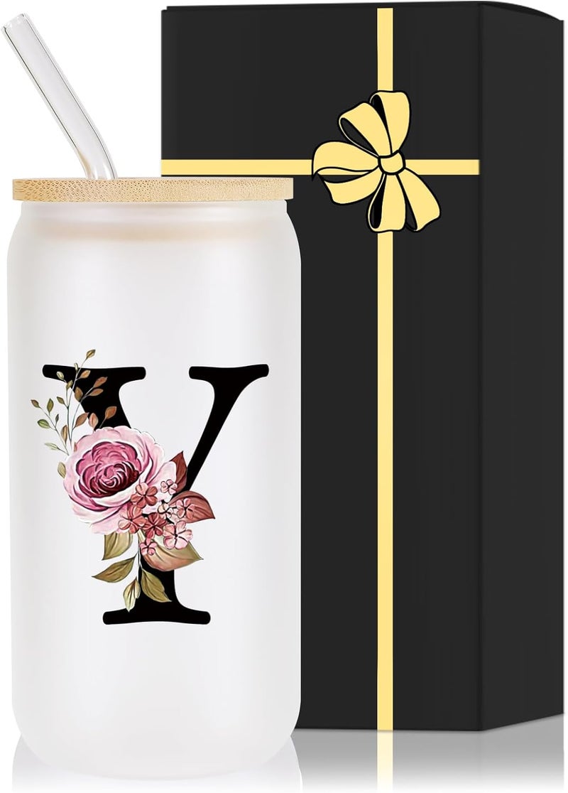 Wulcea Monogrammed Glass Drinking Cup With Lid Straw Women Men Teacher Female Male Best New Appreciation Thank you Favorite Good Goodbye Retirement Friends Social Student Bestie Gifts,Y - Image 1