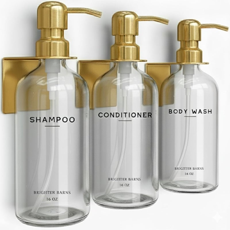 Brighter Barns Luxury Shampoo and Conditioner Dispenser Set Wall Mounted by - No-Drill Shower Soap Dispenser Set & Stainless Steel Pumps - Refillable Shampoo Bottles - Gold Bathroom Decor (Clear Gold) - Image 1