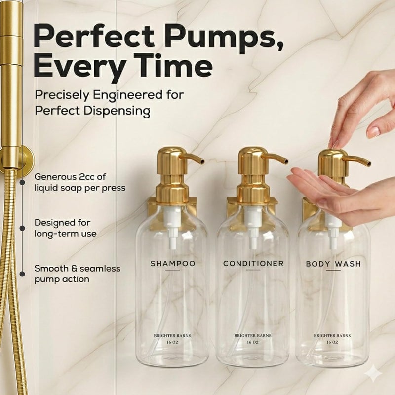 Brighter Barns Luxury Shampoo and Conditioner Dispenser Set Wall Mounted by - No-Drill Shower Soap Dispenser Set & Stainless Steel Pumps - Refillable Shampoo Bottles - Gold Bathroom Decor (Clear Gold) - Image 4