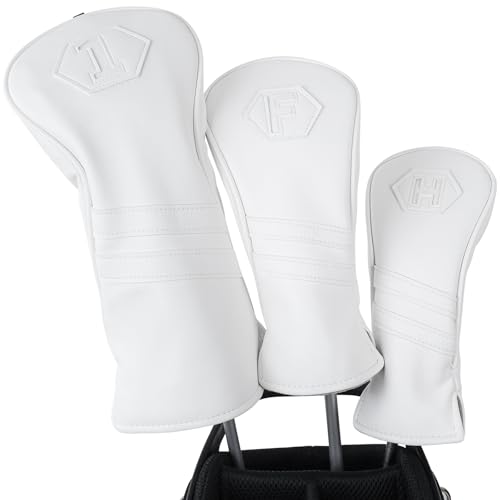 2thpart Golf Club Head Covers for Woods and Drivers, Premium PU Leather Striped Simple Golf Club Covers, Golf Headcovers Set All White (Set/D F H) - Image 1