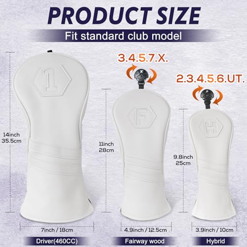 2thpart Golf Club Head Covers for Woods and Drivers, Premium PU Leather Striped Simple Golf Club Covers, Golf Headcovers Set All White (Set/D F H) - Image 2