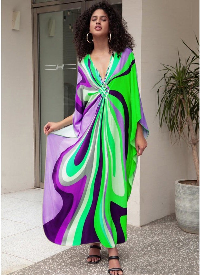 KEYLORTING Women's Plus Size Kaftan Dress – Plus Size Maxi Dress Moo Moos Beach Cover Up,Bathing Suit Cover-Up Loungewear, Green and Purple Lines, One size - Image 2