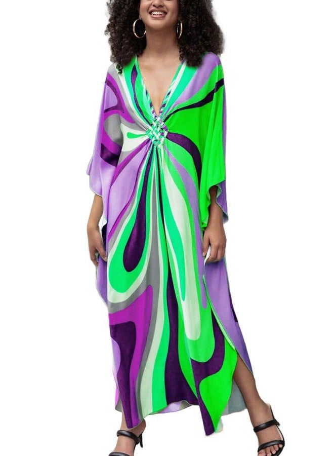 KEYLORTING Women's Plus Size Kaftan Dress – Plus Size Maxi Dress Moo Moos Beach Cover Up,Bathing Suit Cover-Up Loungewear, Green and Purple Lines, One size - Image 1
