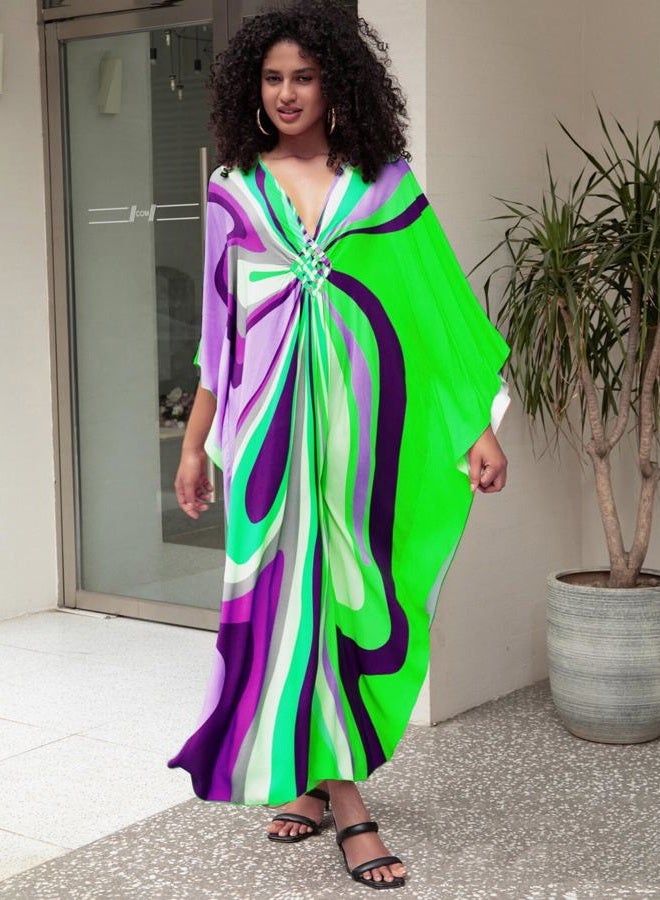 KEYLORTING Women's Plus Size Kaftan Dress – Plus Size Maxi Dress Moo Moos Beach Cover Up,Bathing Suit Cover-Up Loungewear, Green and Purple Lines, One size - Image 4