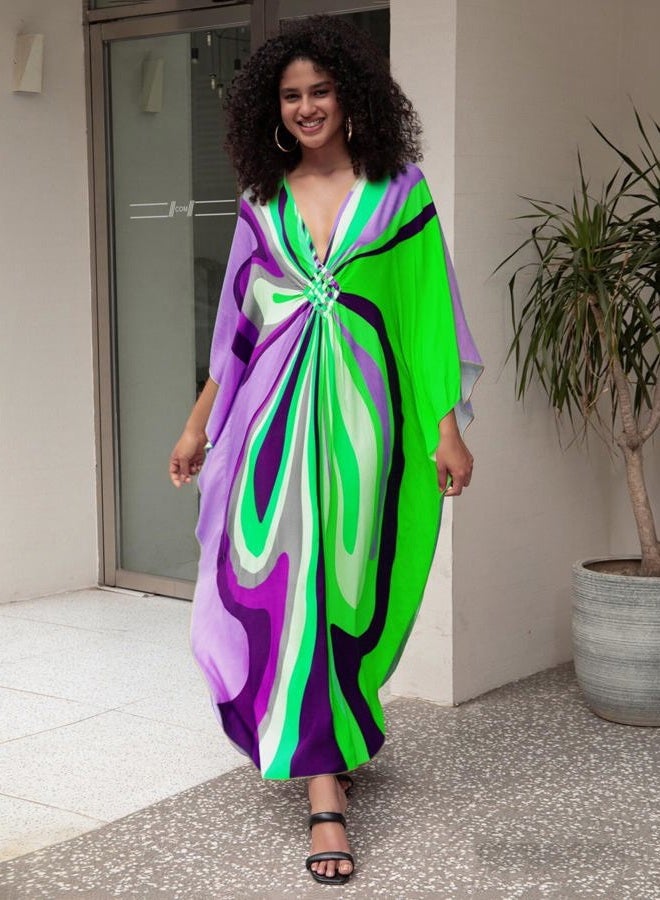 KEYLORTING Women's Plus Size Kaftan Dress – Plus Size Maxi Dress Moo Moos Beach Cover Up,Bathing Suit Cover-Up Loungewear, Green and Purple Lines, One size - Image 5