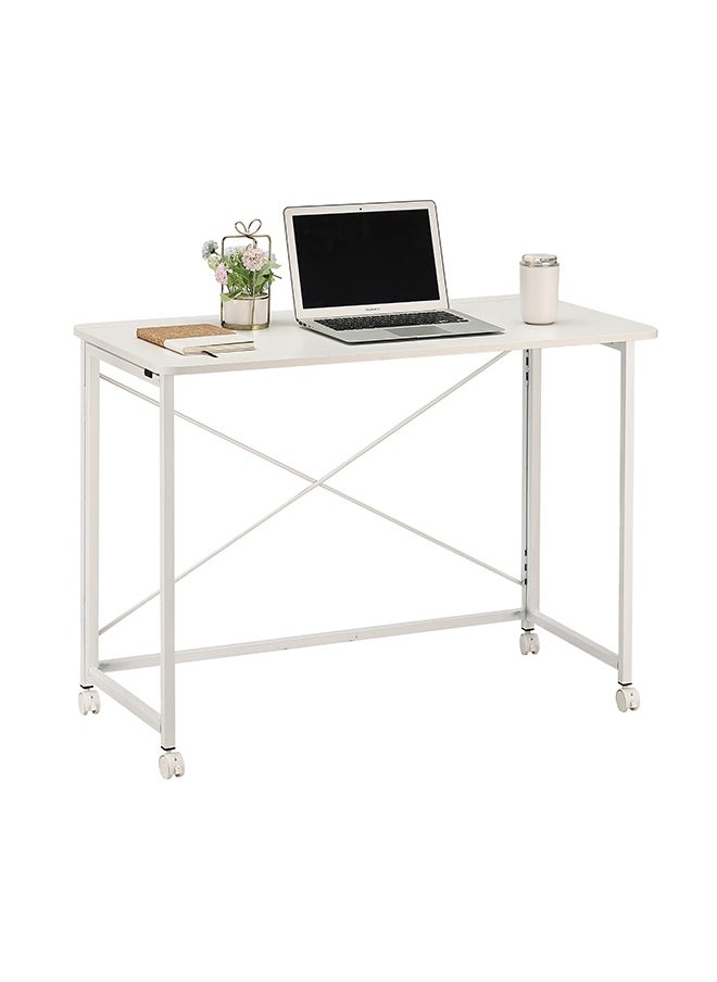 LAWAZIM Folding Table - 100x50x75cm White - Folding Computer Desk with Wooden Top, Iron Legs, Lockable Wheels, and X-Shaped Back -Ideal for Home Office, Study, Small Spaces, and Temporary Workstations  - Image 2